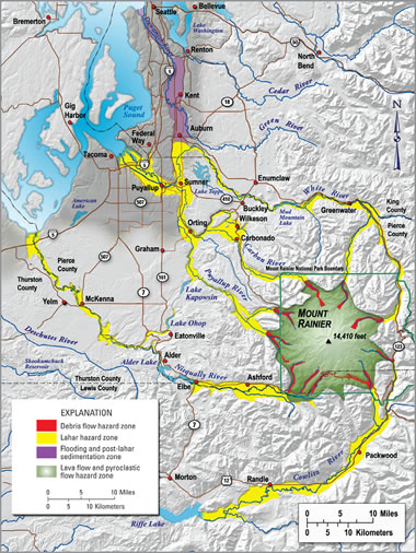 Mount Rainier lahar and flows map