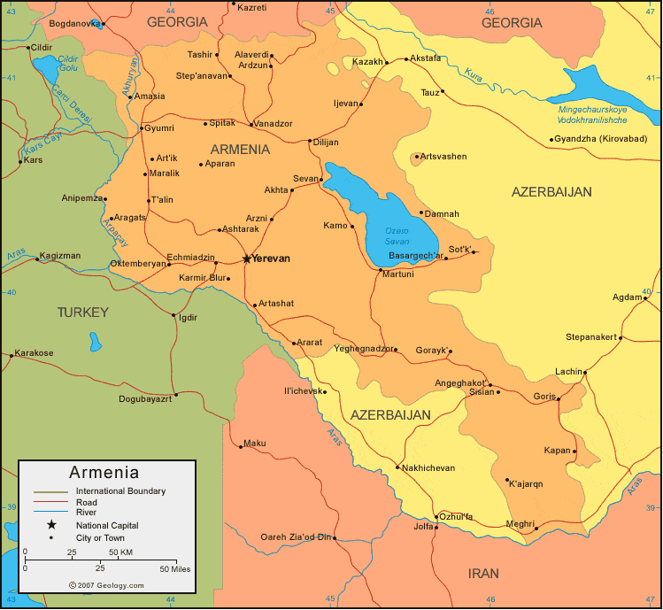 Detailed travel map of Armenia, Armenia, Asia, Mapsland