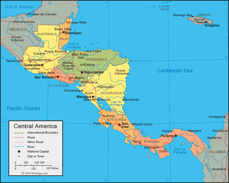 Central America Map and Satellite Image