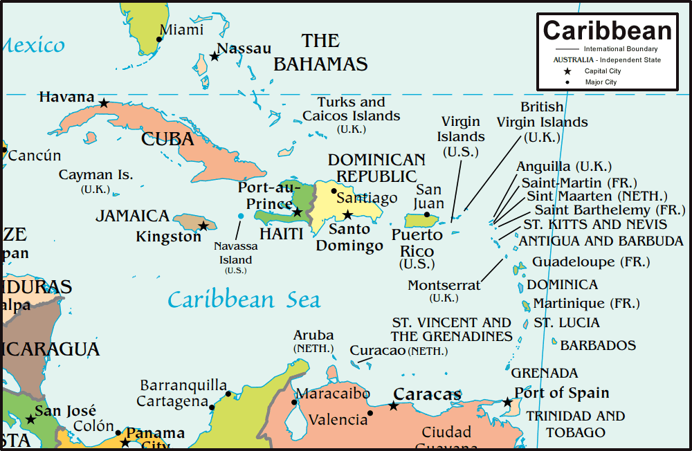 Caribbean Islands Map And Satellite Image   Map Of Caribbean 