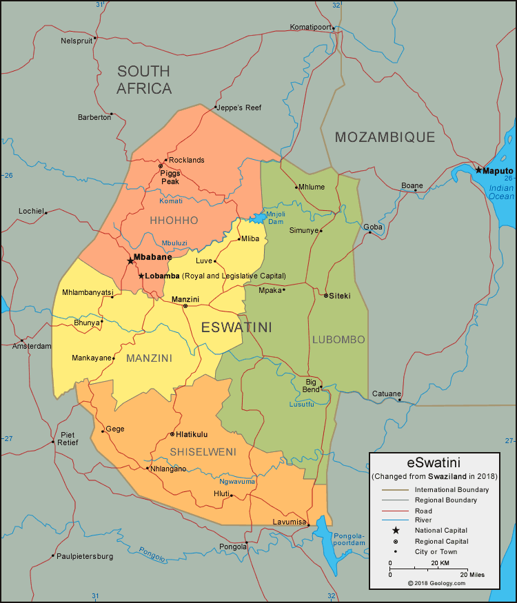 Map Of Eswatini Formerly Swaziland And Satellite Image   Eswatini Map 