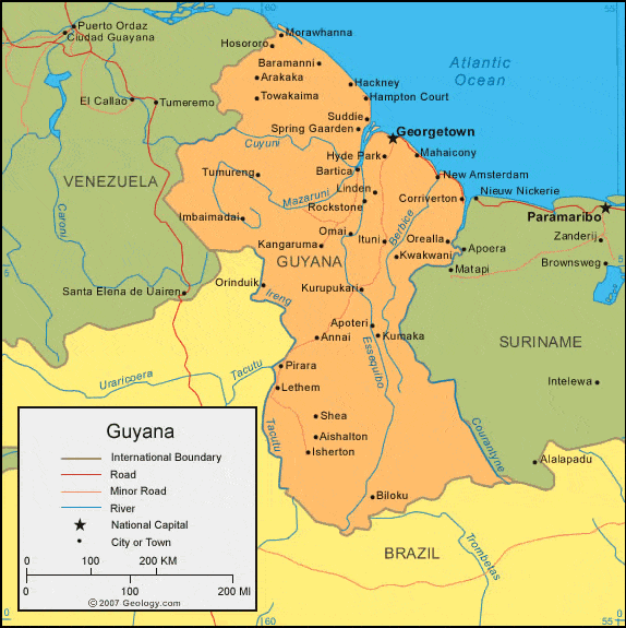 Map Of Guyana Showing Mountain Ranges Guyana Map And Satellite Image