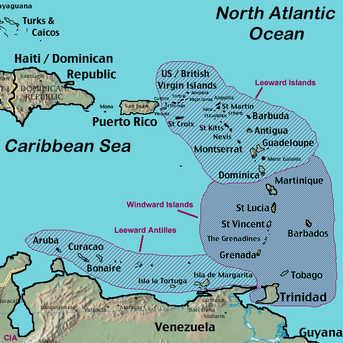 Map Of The Lesser Antilles In The Caribbean Windward Islands Map - Leeward Islands Map - Satellite Image