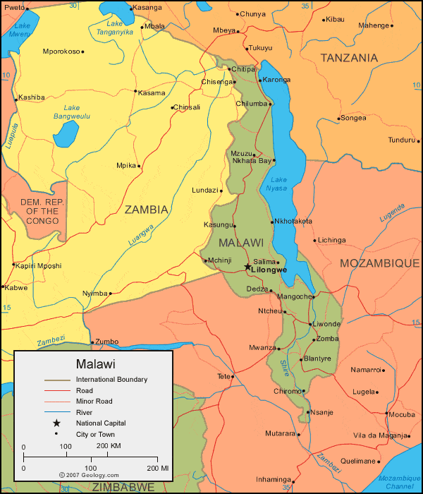 Malawi political map