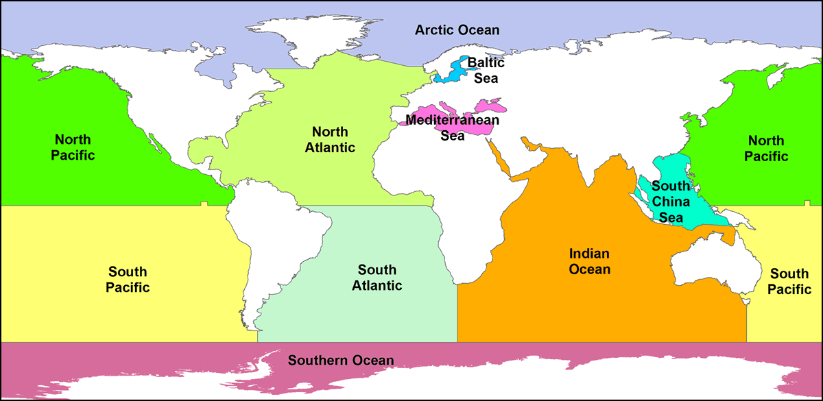 world map labeled oceans