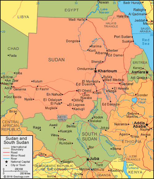 Sudan and South Sudan political map