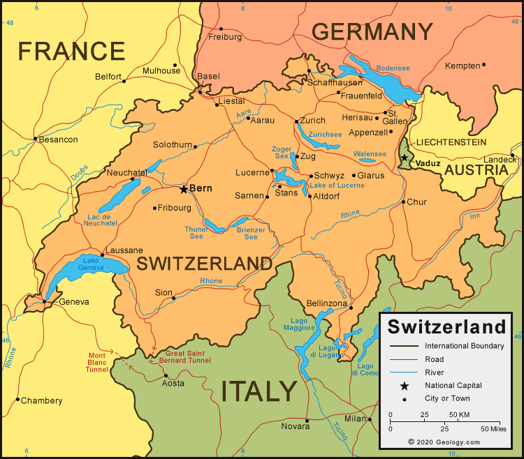 Map Of Europe Showing Switzerland