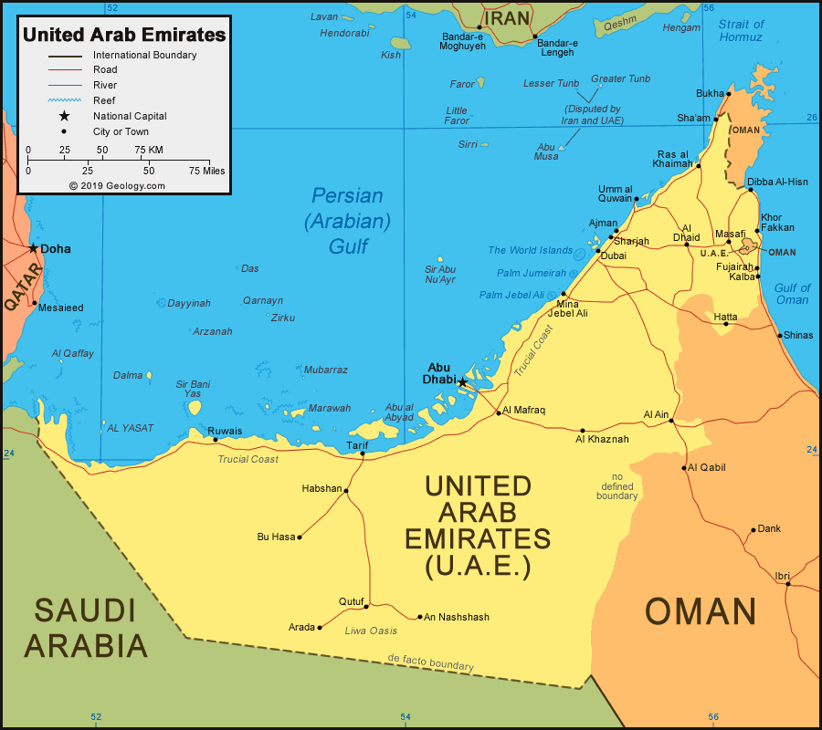 uae: united arab emirates map and satellite image