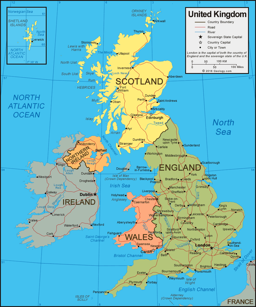 The United Kingdom is located in western Europe and consists of England, Scotland, Wales, and Northern Ireland. It is bordered by the Atlantic Ocean, The North Sea, and the Irish Sea. | Image: Geology.com