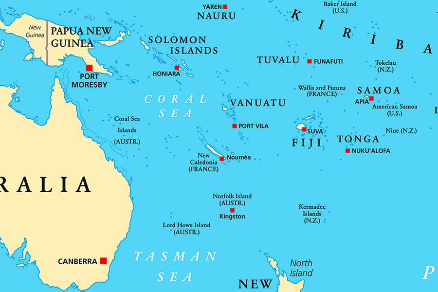 Map of islands in the Southern Pacific, to the east of Australia