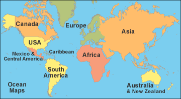 physical map of world with continents