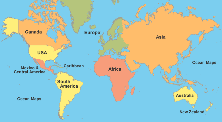 physical map of world with continents